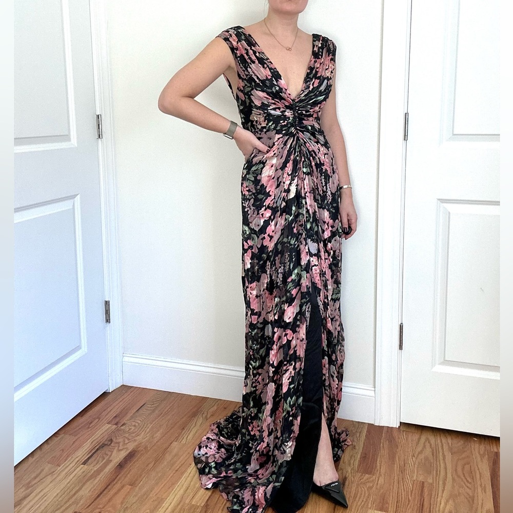 Gorgeous Floral Print Double V Gown with Front Slit